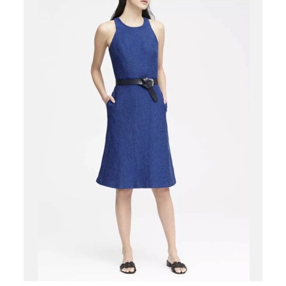 Banana Republic Fit and Flare Dress Womens Blue Tweed Sleeveless‎ Pockets 326296